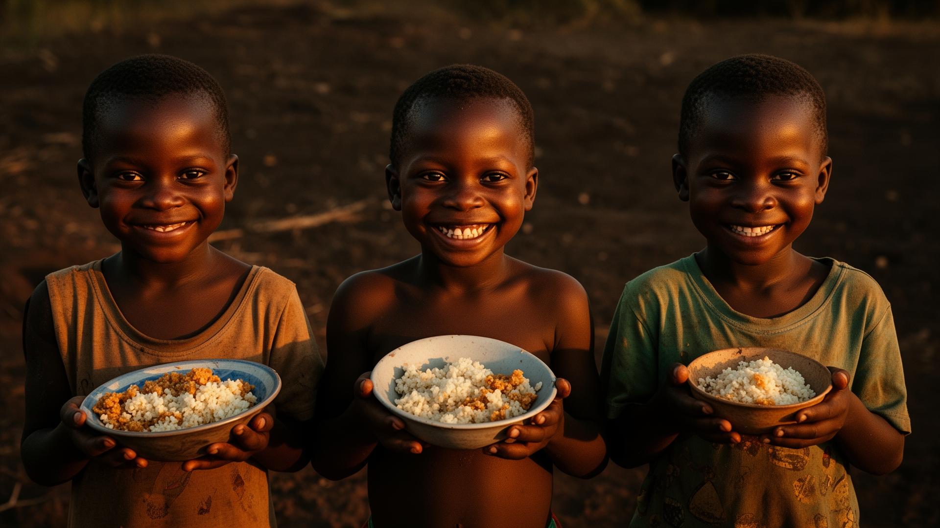 Crianças sorrindo com pratos de comida em Moçambique
